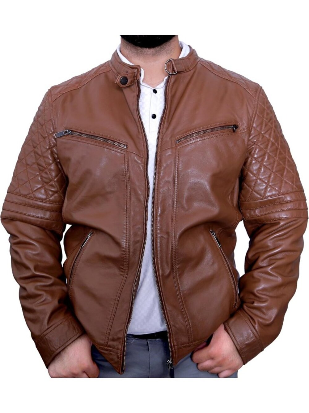 Men’s Cognac Genuine Sheep Leather Biker Motorcycle Jacket